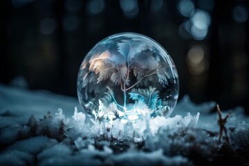 Glowing crystal ball with forest trees inside in snow. 3D rendering.