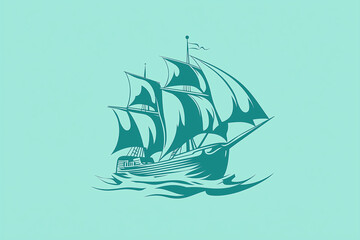  Ship Icon in 2D, Sailing Blue on a Mint Background with a Clean and Simple Design