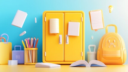 Wall Mural - A vibrant study space with school supplies, a backpack, and a colorful locker.