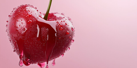 A close up of shape of a heart cherry with red juice dripping from the top, generative AI