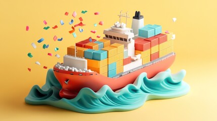 Wall Mural - A colorful cargo ship surrounded by waves, symbolizing shipping and logistics.