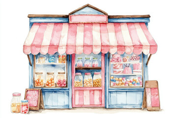 A charming watercolor illustration of a vintage candy shop with colorful sweets and a striped awning.