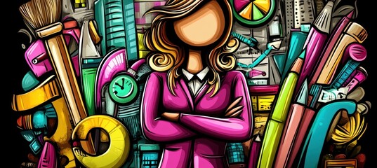 Sticker - A stylized illustration of a confident woman surrounded by colorful creative tools.