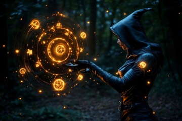 Witch casting a spell in the middle of a dark forest, with glowing symbols swirling in the air around her, connecting to the supernatural forces of nature