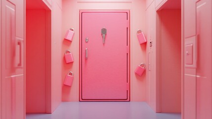 Canvas Print - A vibrant pink hallway featuring a door with locks, creating a whimsical atmosphere.