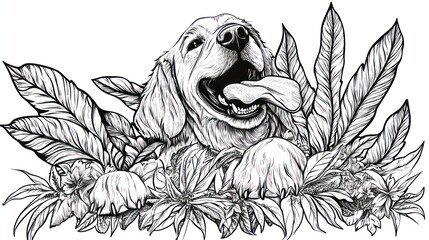 Poster - A playful golden retriever surrounded by tropical plants, showcasing a lively, cheerful scene.