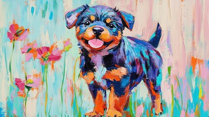 Sticker - A colorful painting of a happy puppy standing among flowers.