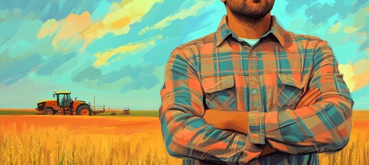 Wall Mural - A farmer stands confidently in a field with a tractor in the background, showcasing agriculture.