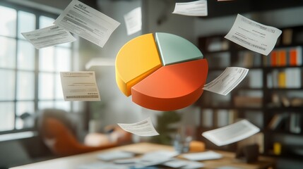 Wall Mural - A pie chart floats amidst flying documents in a modern office setting.