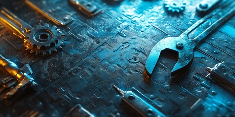 Close up of a wrench and gear with a blue and orange light on a textured metal surface.