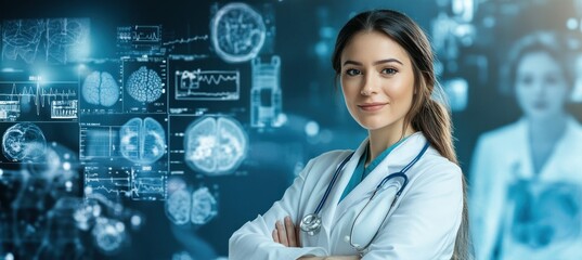 Poster - A confident female doctor stands with arms crossed against a digital medical background.