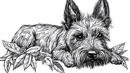 Canvas Print - A detailed illustration of a dog resting among leaves, showcasing its expressive features.