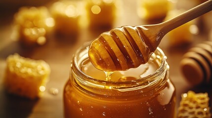 Canvas Print - A jar of honey with a wooden dipper, surrounded by honeycomb pieces.