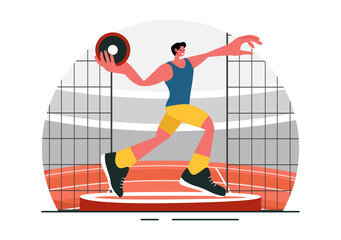 Discus Throw Athletics Vector Illustration featuring an Athlete Throwing a Wooden Disc in a Sports Championship with a Flat Style Cartoon Background