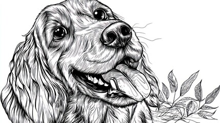 Canvas Print - A detailed line drawing of a happy dog with a playful expression and surrounding foliage.