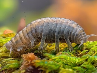 Wall Mural - A close-up view of a segmented creature crawling over moss. AI.