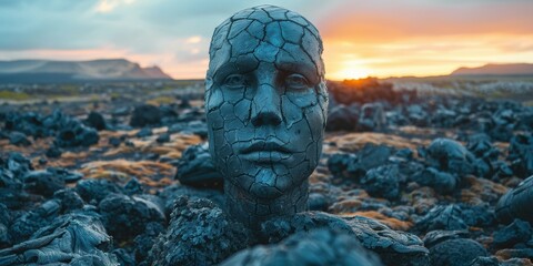 Sticker - A sculpture of a face emerges from a field of rocks. AI.