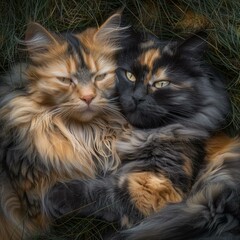 Canvas Print - Two cats cuddling in the grass. AI.