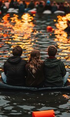 Canvas Print - Three friends on an inflatable raft, enjoying the sunset on the water. AI.