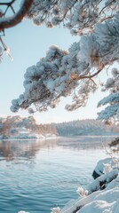 Canvas Print - A snow-covered pine branch reaches out over a frozen lake. AI.