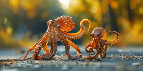 Sticker - Two octopuses on a surface with an out-of-focus background. AI.