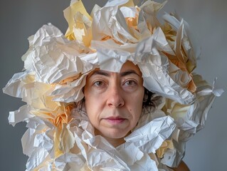 Sticker - A woman wears a crown of crumpled paper. AI.