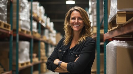 Woman in warehouse logistics for the fashion industry, featuring a female professional managing the storage and distribution of fashion products, 