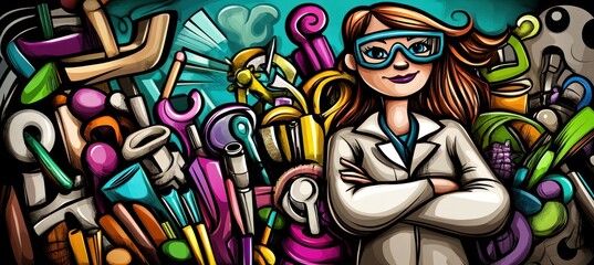 Poster - A confident scientist surrounded by colorful laboratory tools and equipment.