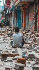 Sticker - A man sits amidst rubble and debris. AI.