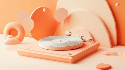 Wall Mural - A minimalist scene featuring a pastel-colored turntable surrounded by abstract shapes.