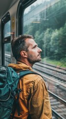 Canvas Print - A man sits on a train and looks out the window. AI.