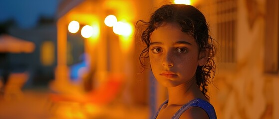 Canvas Print - A young girl with curly hair and freckles looks at the camera. AI.