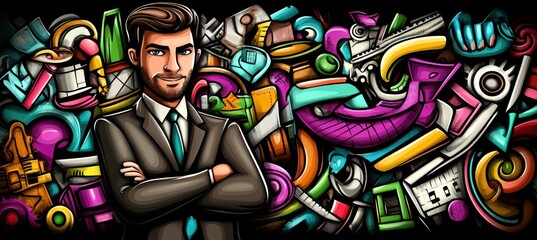 Canvas Print - A stylized illustration featuring a confident man in a suit against a vibrant, abstract background.