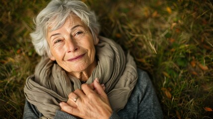 Poster - A woman smiles while lying on the ground. AI.