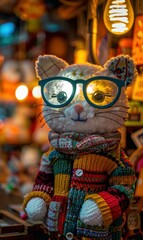 Sticker - A knitted cat wearing glasses and a colorful sweater. AI.