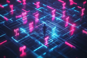 Poster - A figure lost in a holographic labyrinth, each wall made of glowing neon data streams, surreal digital art, high contrast, dark shadows