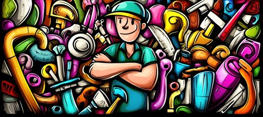 Sticker - A cartoonish worker stands confidently amidst a colorful array of tools and equipment.