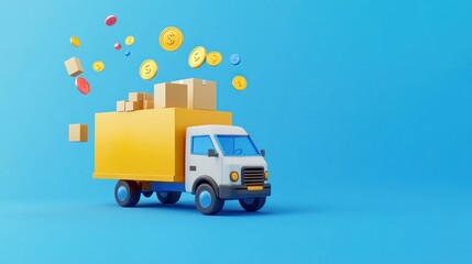 Poster - A delivery truck surrounded by packages and coins, symbolizing commerce and logistics.