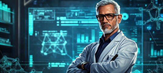 Poster - A scientist in a lab coat stands confidently amidst digital data and molecular structures.