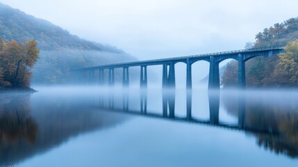 Wall Mural - A serene river scene featuring a misty bridge reflecting in calm waters.