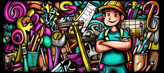 Poster - A cheerful worker stands amidst a colorful array of tools and materials, symbolizing creativity.