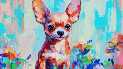 Poster - A vibrant painting of a Chihuahua amidst colorful flowers.