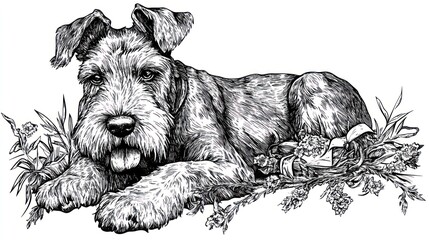 Sticker - A detailed illustration of a dog resting among flowers.