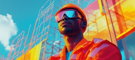 Poster - A confident individual in safety gear stands against a colorful, modern construction backdrop.