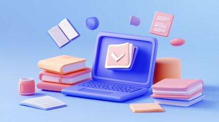 Sticker - A colorful digital workspace with books, a laptop, and stationery items.