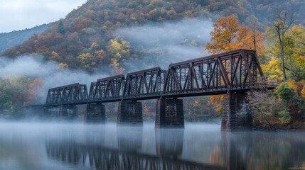 Canvas Print - A misty landscape featuring a rusted train bridge over a calm river surrounded by autumn foliage.