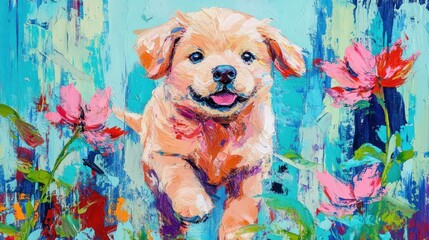 Poster - A vibrant painting of a playful puppy surrounded by colorful flowers.