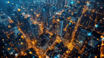 Poster - Technology background for smart cities, showcasing futuristic urban landscapes with interconnected buildings, 