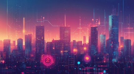 Poster - Technology background for smart cities, showcasing futuristic urban landscapes with interconnected buildings, 