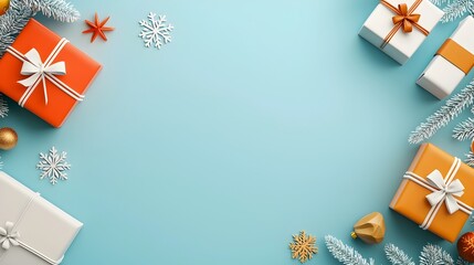 Festive Christmas backdrop with gifts in the corners and falling snowflakes creating a cozy joyful winter vibe  Cartoon in a futuristic triadic color scheme leaving the center empty for copy space